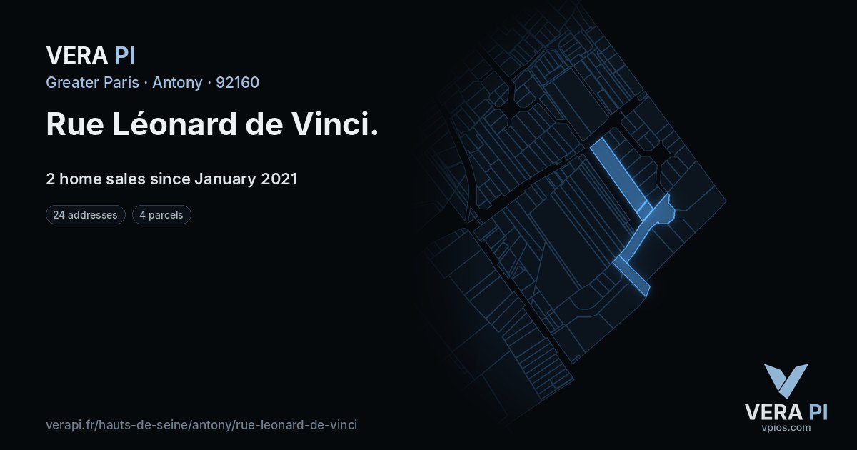 Rue Léonard de Vinci, Antony at night – every parcel coloured by the prices around it, the street's own parcels lit