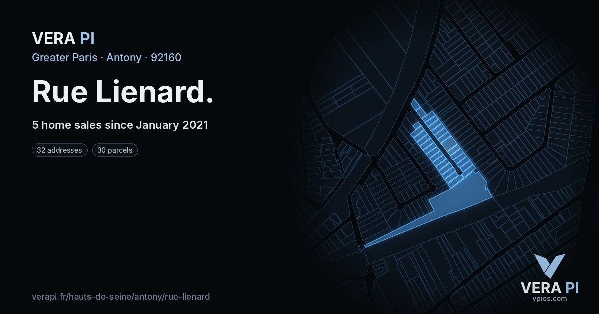 Rue Lienard, Antony at night – every parcel coloured by the prices around it, the street's own parcels lit