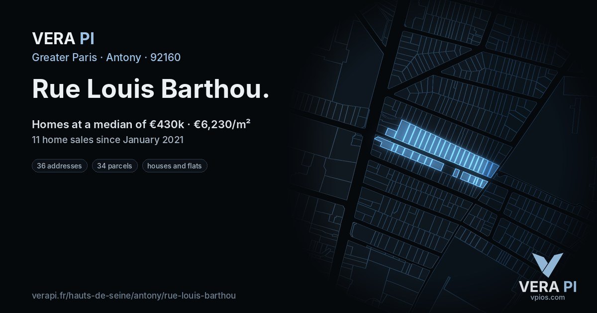 Rue Louis Barthou, Antony at night – every parcel coloured by the prices around it, the street's own parcels lit