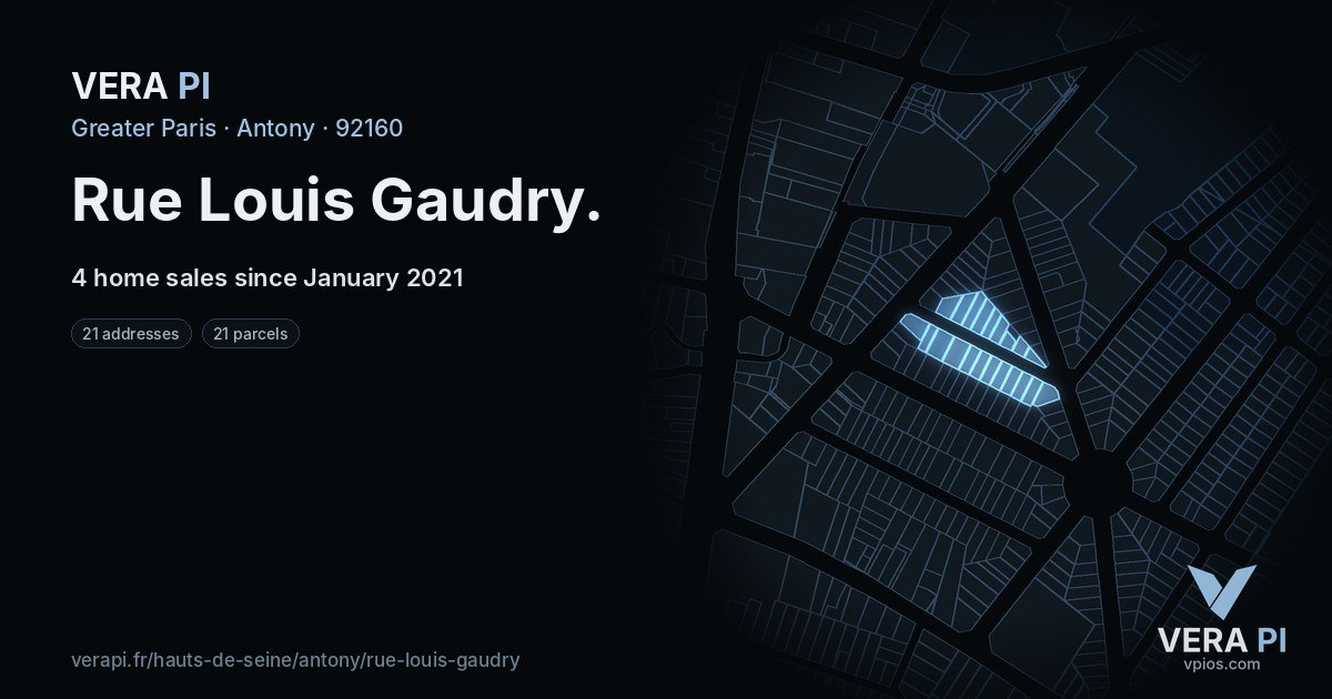 Rue Louis Gaudry, Antony at night – every parcel coloured by the prices around it, the street's own parcels lit