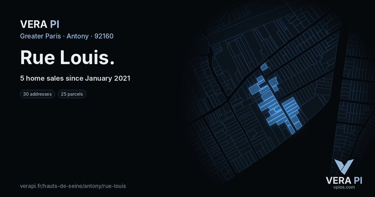 Rue Louis, Antony at night – every parcel coloured by the prices around it, the street's own parcels lit
