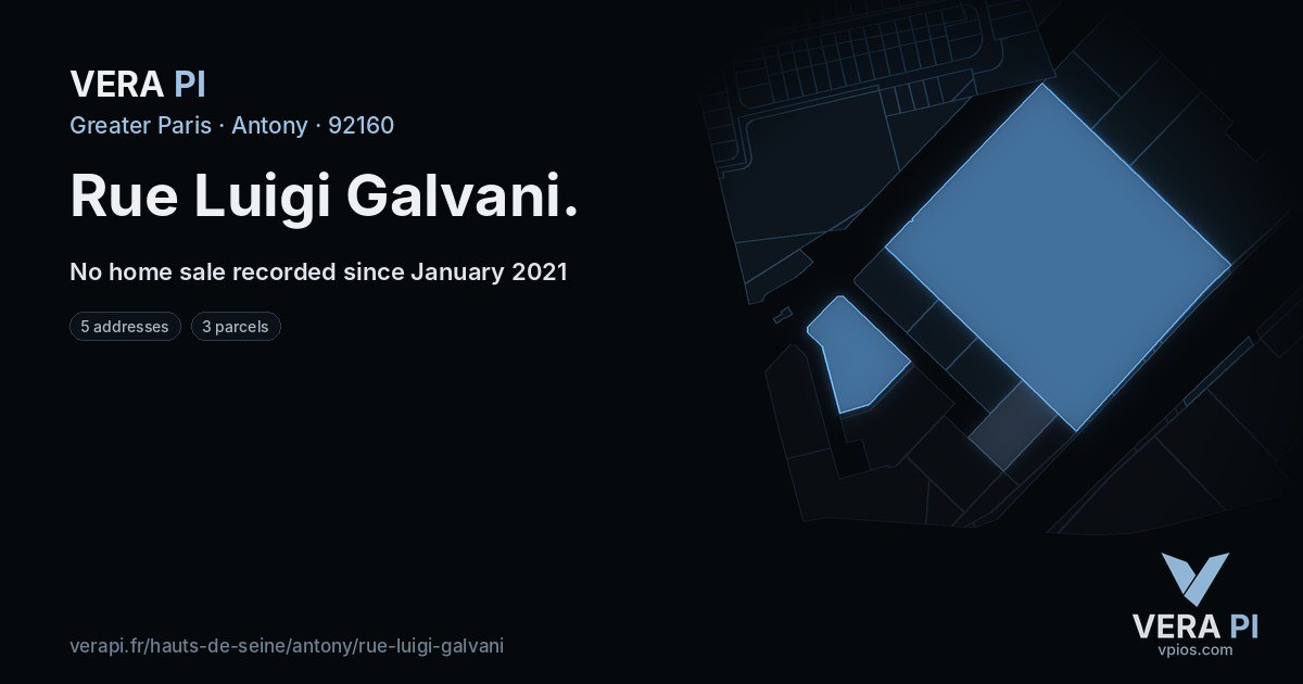 Rue Luigi Galvani, Antony at night – every parcel coloured by the prices around it, the street's own parcels lit