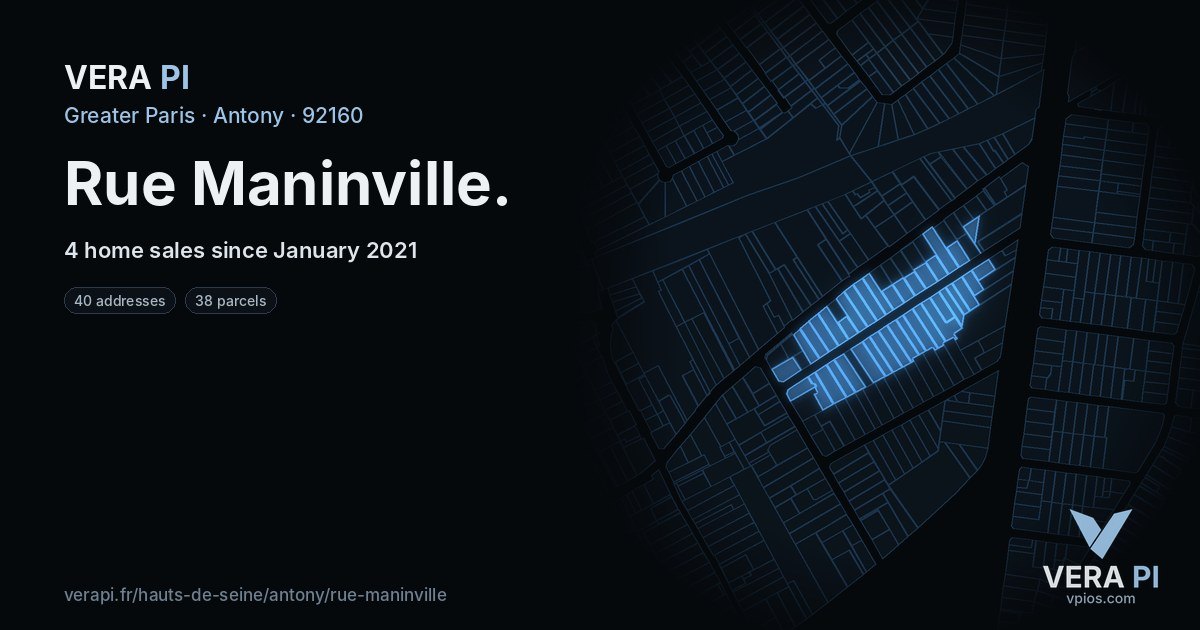 Rue Maninville, Antony at night – every parcel coloured by the prices around it, the street's own parcels lit
