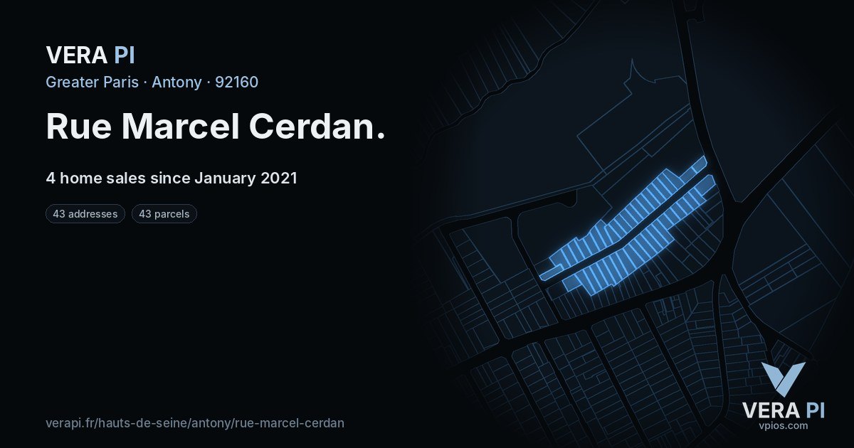 Rue Marcel Cerdan, Antony at night – every parcel coloured by the prices around it, the street's own parcels lit