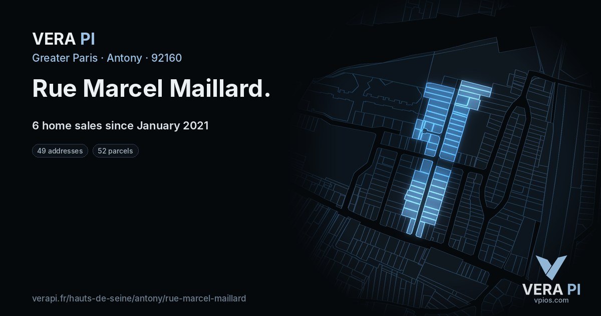 Rue Marcel Maillard, Antony at night – every parcel coloured by the prices around it, the street's own parcels lit