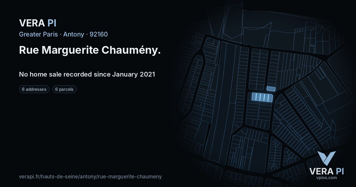 Rue Marguerite Chaumény, Antony at night – every parcel coloured by the prices around it, the street's own parcels lit