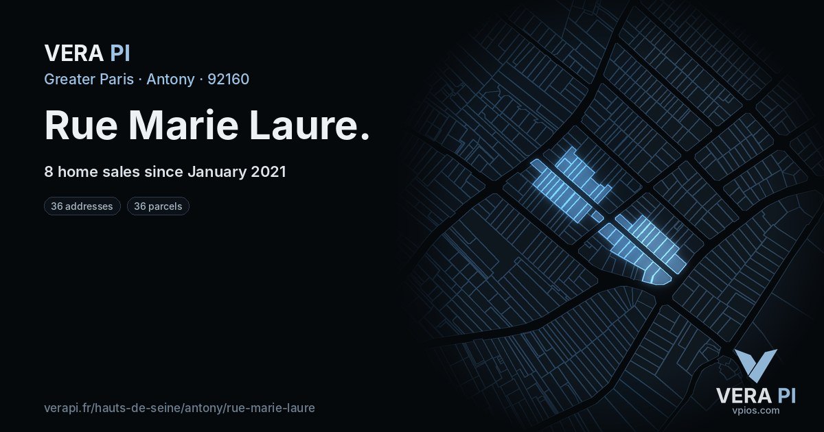 Rue Marie Laure, Antony at night – every parcel coloured by the prices around it, the street's own parcels lit