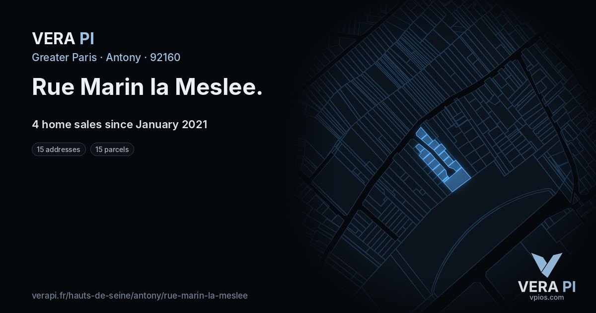Rue Marin la Meslee, Antony at night – every parcel coloured by the prices around it, the street's own parcels lit