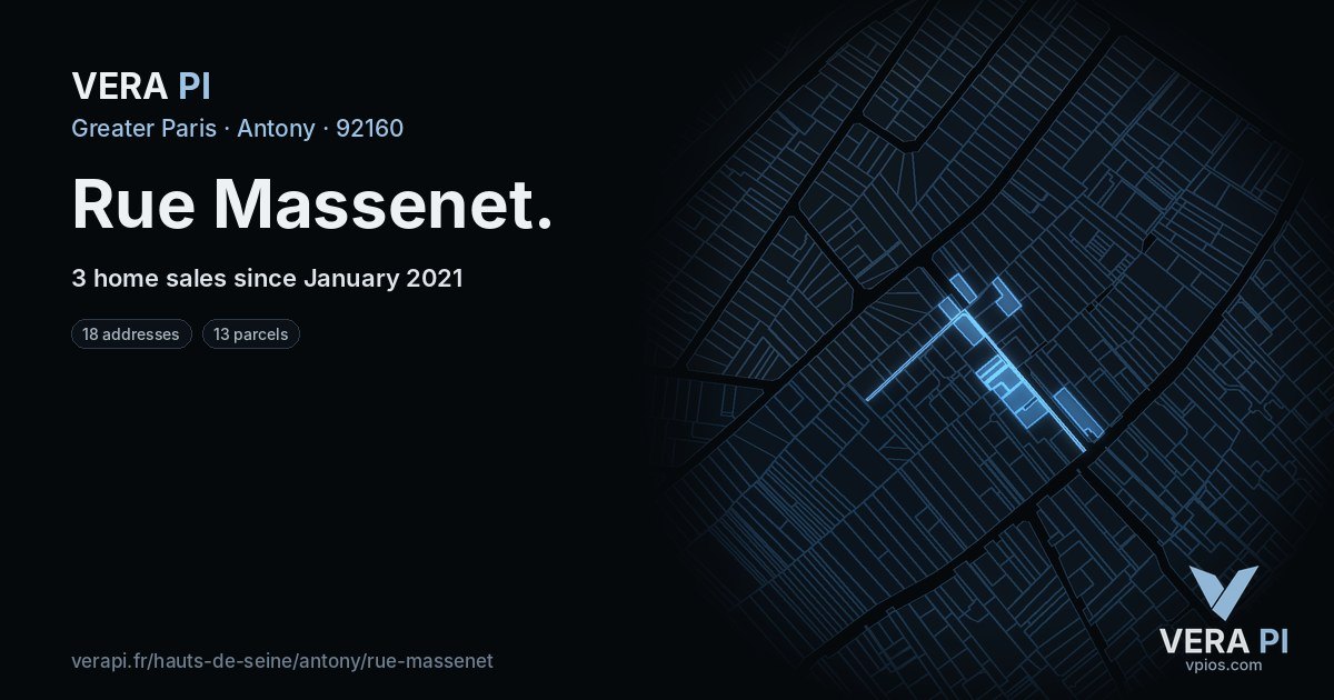 Rue Massenet, Antony at night – every parcel coloured by the prices around it, the street's own parcels lit