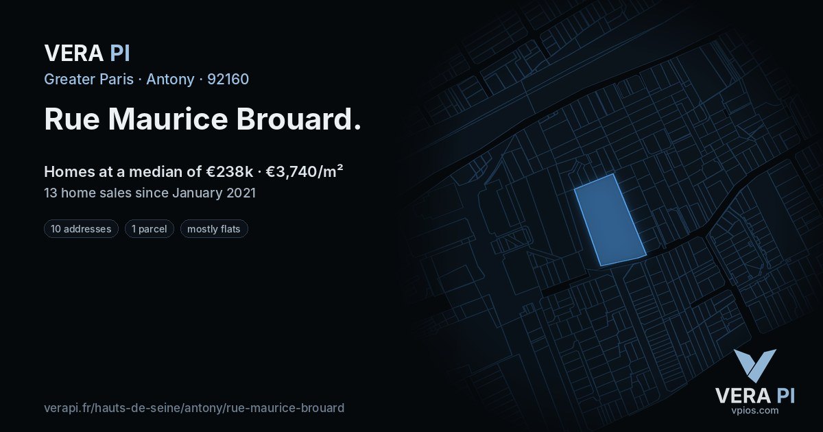 Rue Maurice Brouard, Antony at night – every parcel coloured by the prices around it, the street's own parcels lit