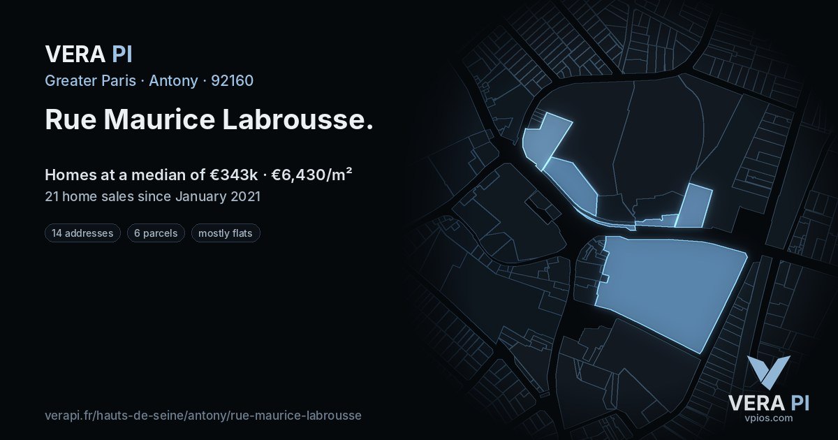 Rue Maurice Labrousse, Antony at night – every parcel coloured by the prices around it, the street's own parcels lit
