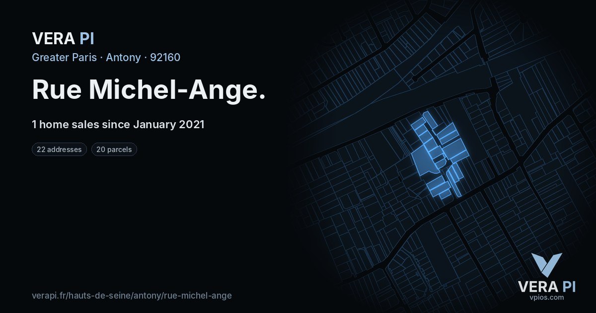 Rue Michel-Ange, Antony at night – every parcel coloured by the prices around it, the street's own parcels lit