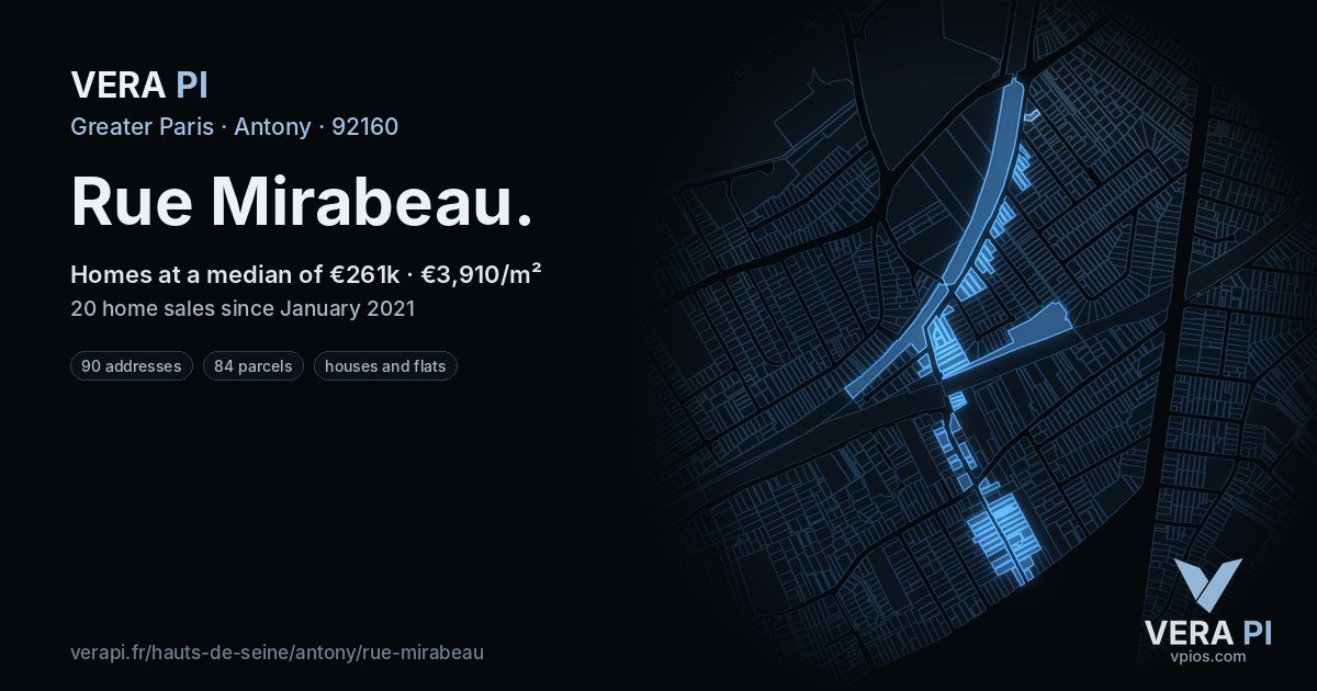 Rue Mirabeau, Antony at night – every parcel coloured by the prices around it, the street's own parcels lit