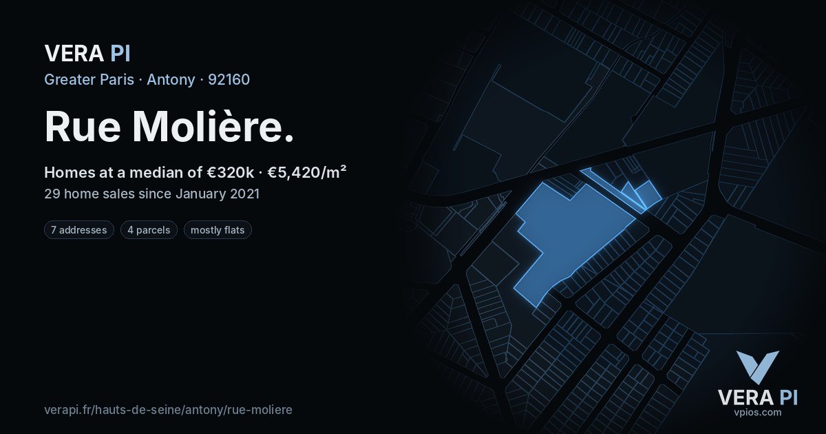 Rue Molière, Antony at night – every parcel coloured by the prices around it, the street's own parcels lit