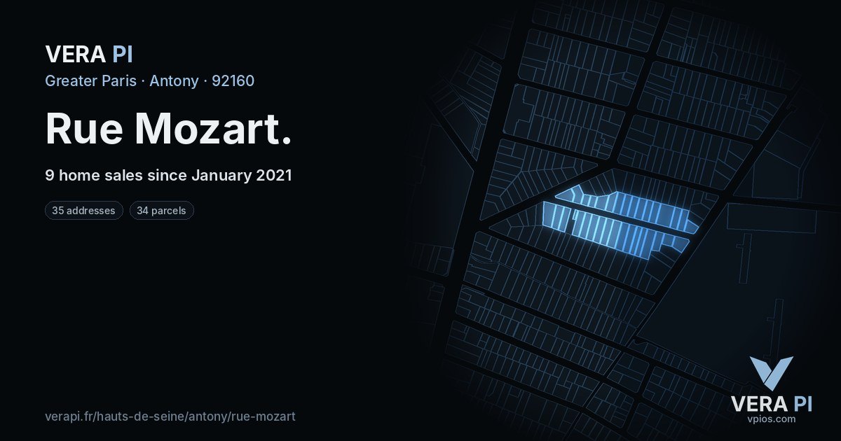 Rue Mozart, Antony at night – every parcel coloured by the prices around it, the street's own parcels lit