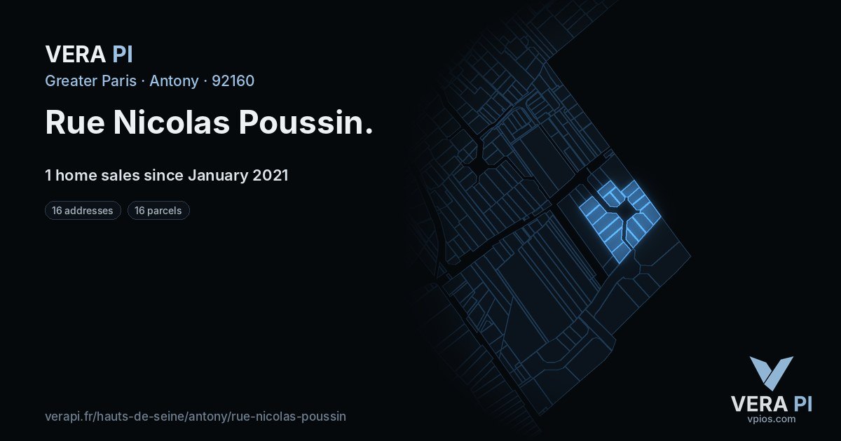 Rue Nicolas Poussin, Antony at night – every parcel coloured by the prices around it, the street's own parcels lit