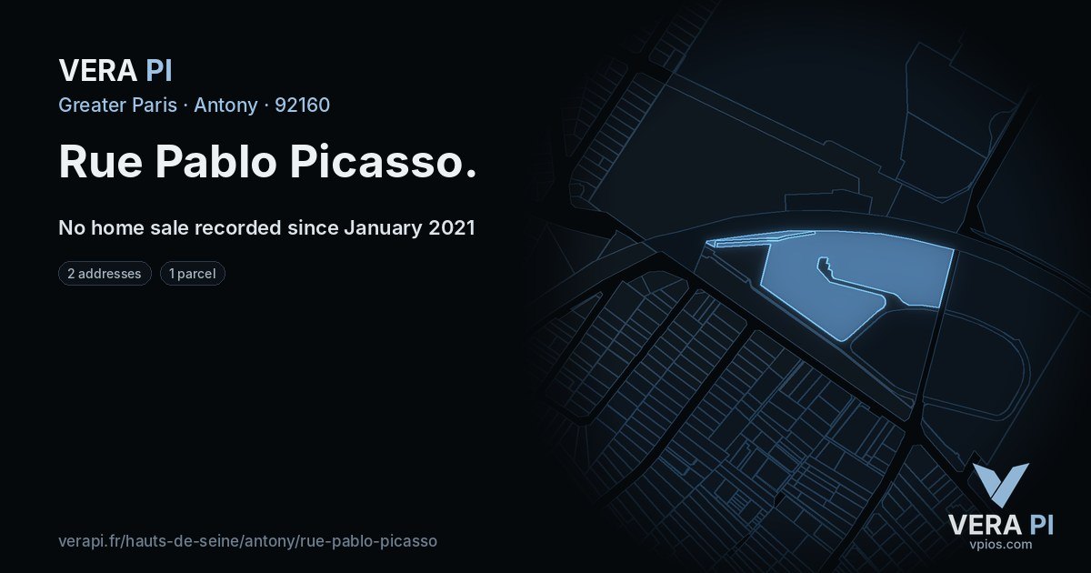 Rue Pablo Picasso, Antony at night – every parcel coloured by the prices around it, the street's own parcels lit