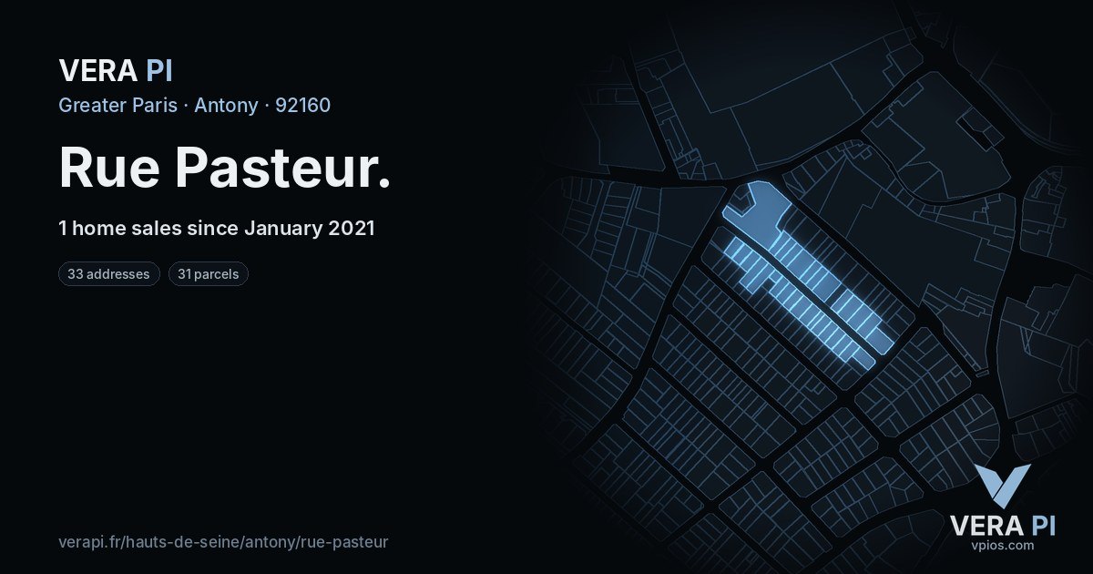 Rue Pasteur, Antony at night – every parcel coloured by the prices around it, the street's own parcels lit