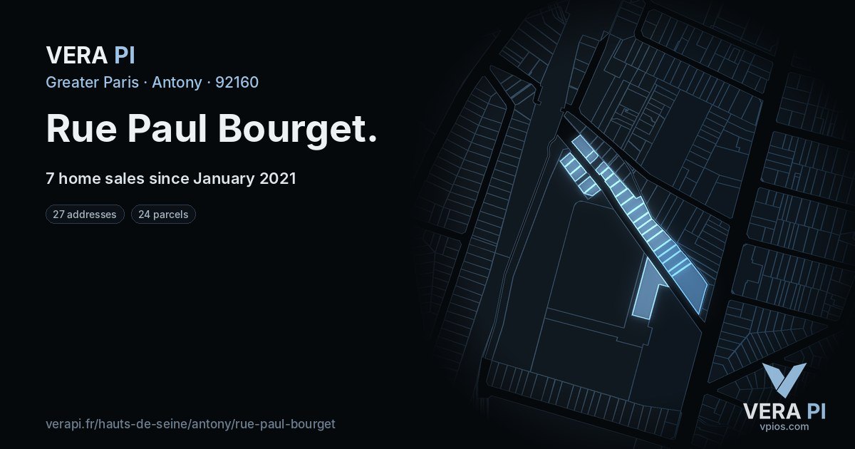Rue Paul Bourget, Antony at night – every parcel coloured by the prices around it, the street's own parcels lit