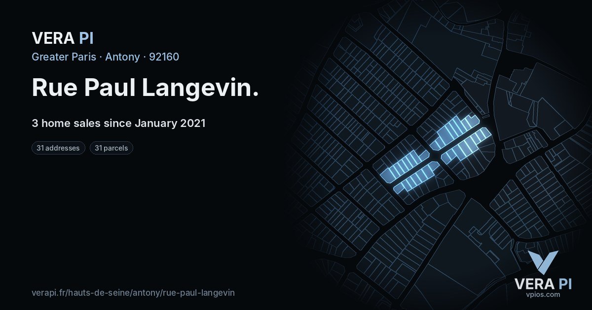 Rue Paul Langevin, Antony at night – every parcel coloured by the prices around it, the street's own parcels lit