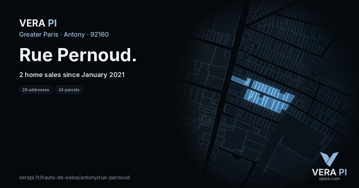Rue Pernoud, Antony at night – every parcel coloured by the prices around it, the street's own parcels lit