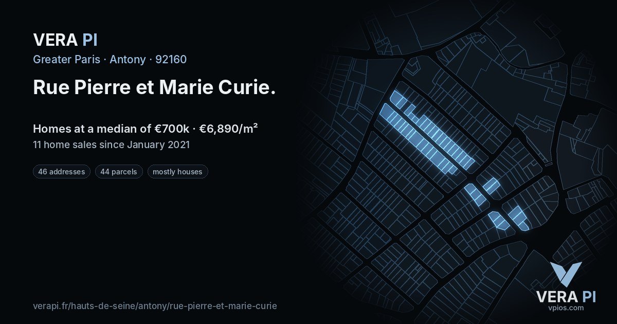 Rue Pierre et Marie Curie, Antony at night – every parcel coloured by the prices around it, the street's own parcels lit