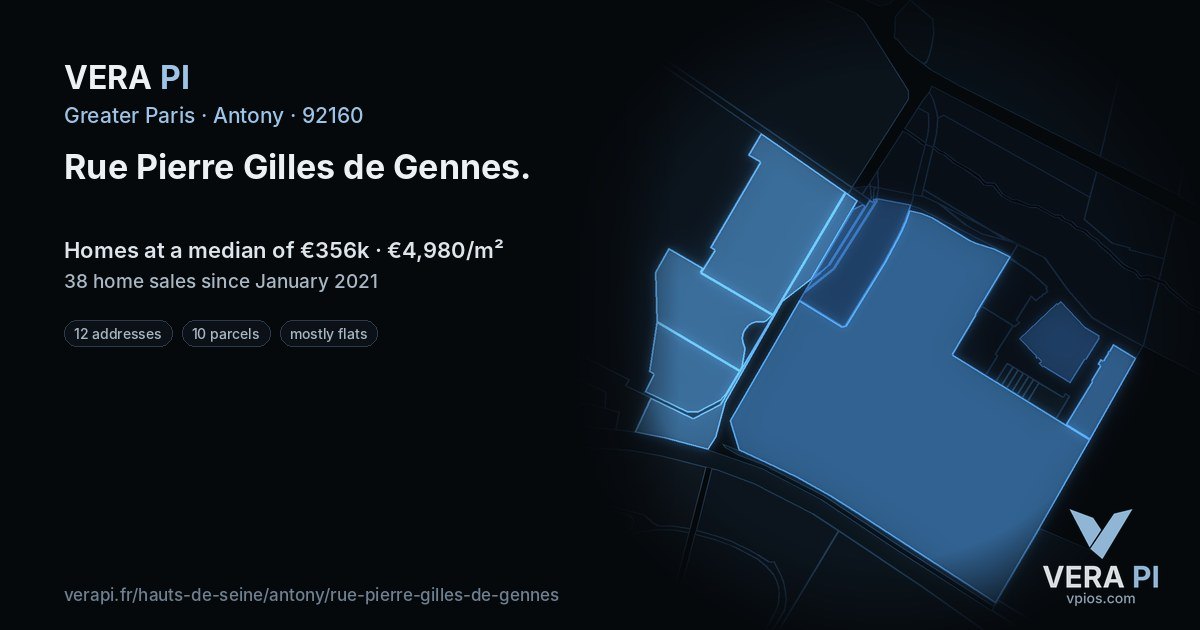 Rue Pierre Gilles de Gennes, Antony at night – every parcel coloured by the prices around it, the street's own parcels lit