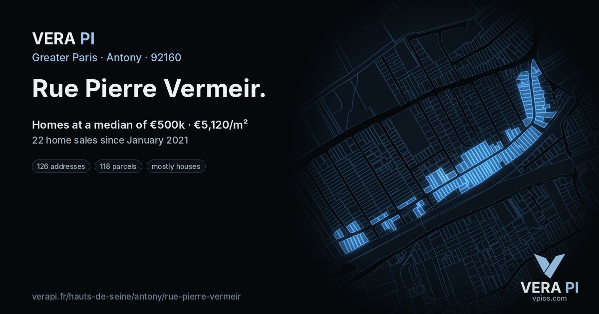 Rue Pierre Vermeir, Antony at night – every parcel coloured by the prices around it, the street's own parcels lit