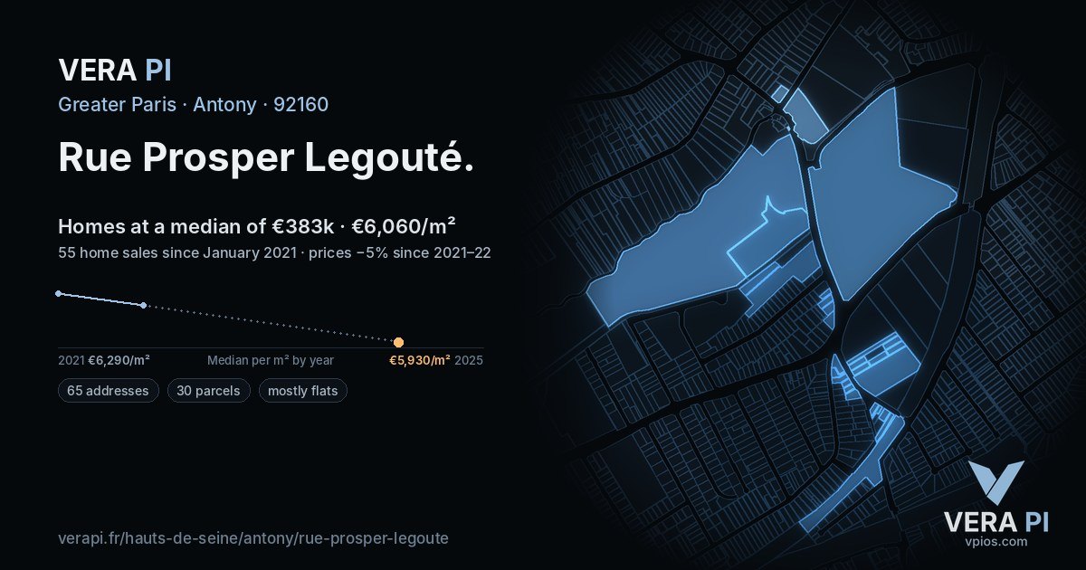 Rue Prosper Legouté, Antony at night – every parcel coloured by the prices around it, the street's own parcels lit