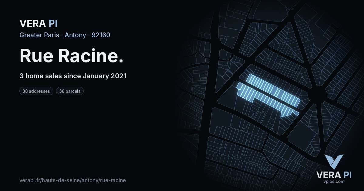 Rue Racine, Antony at night – every parcel coloured by the prices around it, the street's own parcels lit