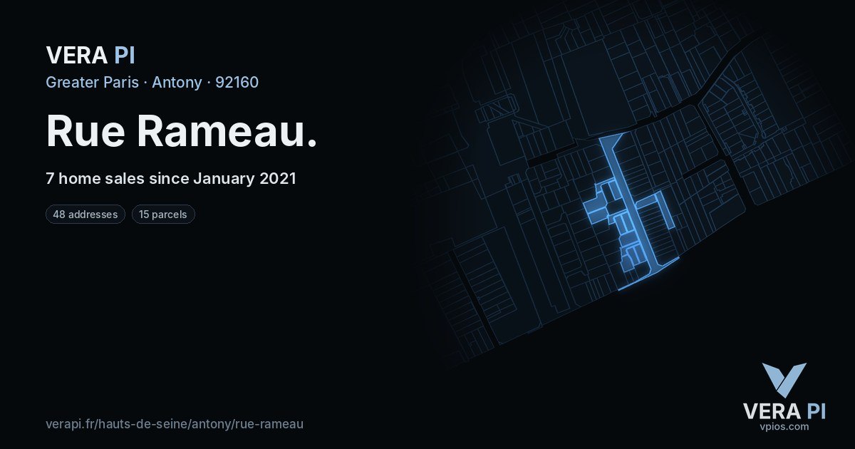 Rue Rameau, Antony at night – every parcel coloured by the prices around it, the street's own parcels lit