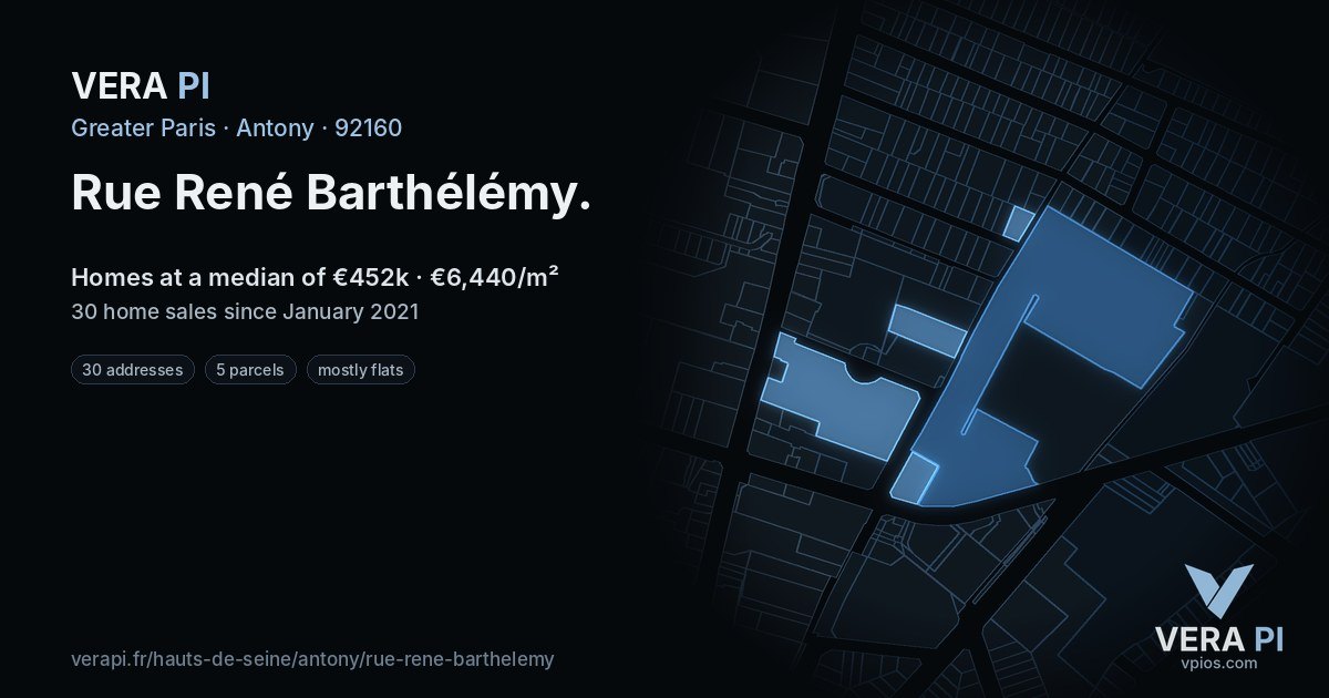 Rue René Barthélémy, Antony at night – every parcel coloured by the prices around it, the street's own parcels lit