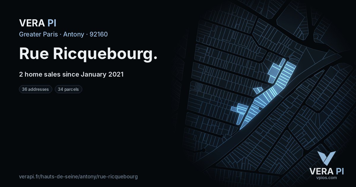Rue Ricquebourg, Antony at night – every parcel coloured by the prices around it, the street's own parcels lit