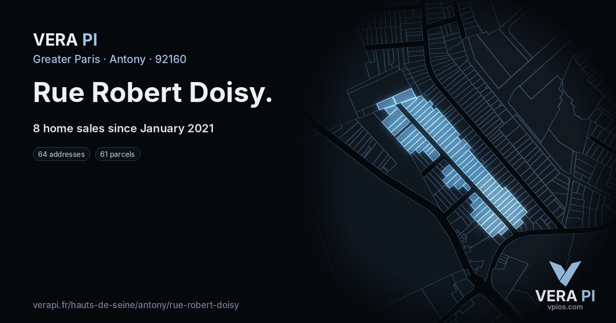 Rue Robert Doisy, Antony at night – every parcel coloured by the prices around it, the street's own parcels lit