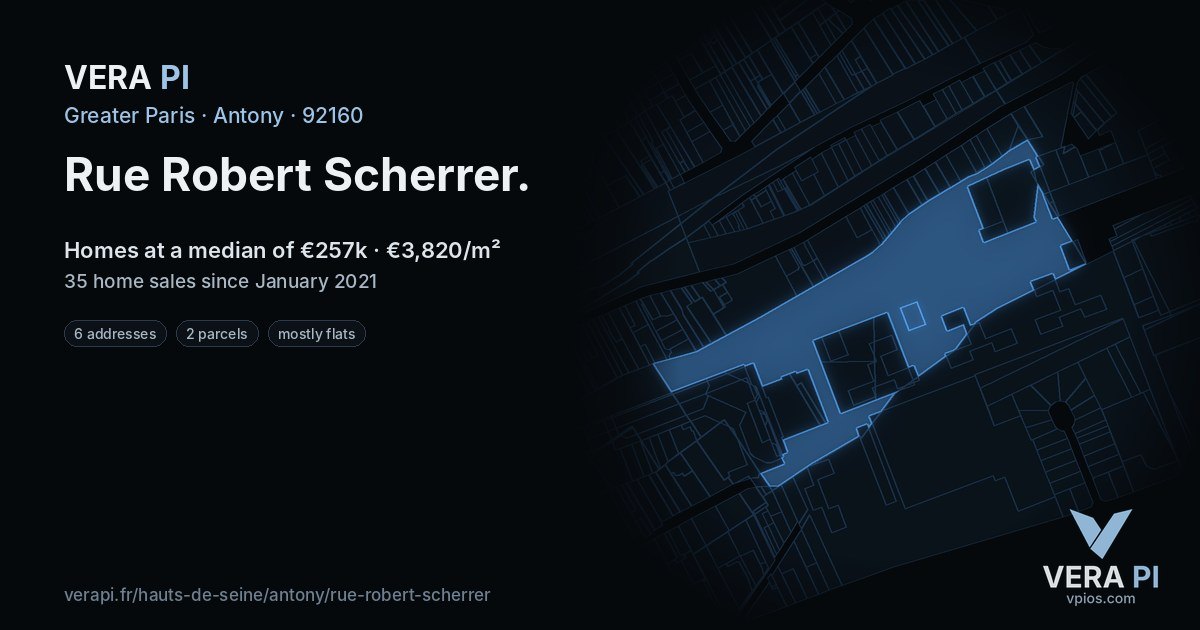 Rue Robert Scherrer, Antony at night – every parcel coloured by the prices around it, the street's own parcels lit