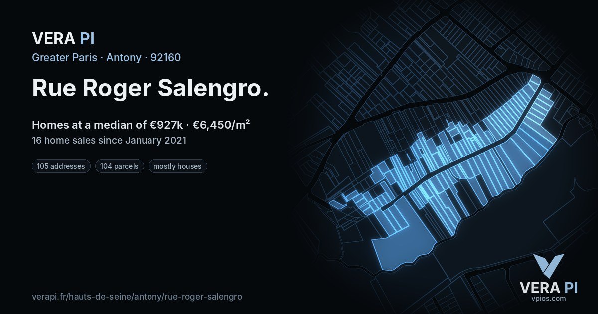 Rue Roger Salengro, Antony at night – every parcel coloured by the prices around it, the street's own parcels lit