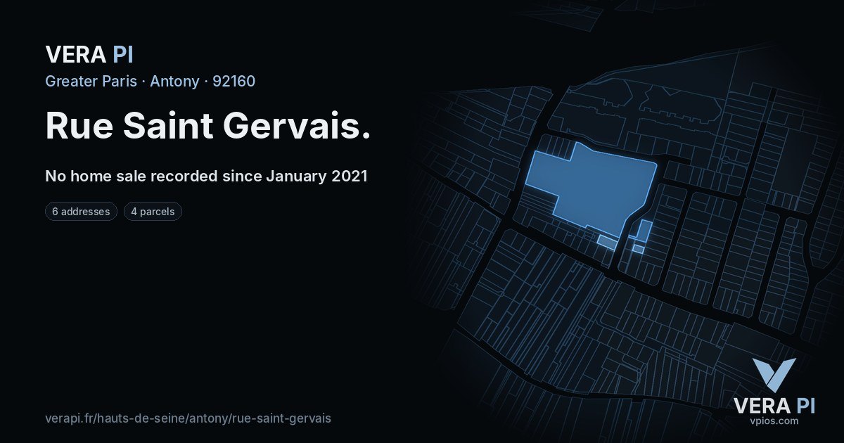 Rue Saint Gervais, Antony at night – every parcel coloured by the prices around it, the street's own parcels lit