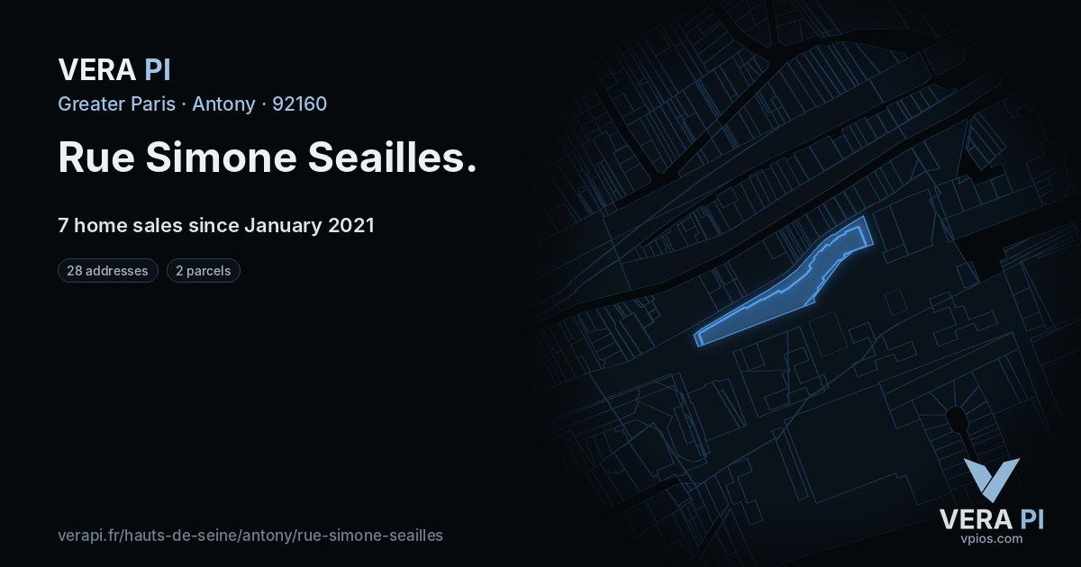 Rue Simone Seailles, Antony at night – every parcel coloured by the prices around it, the street's own parcels lit