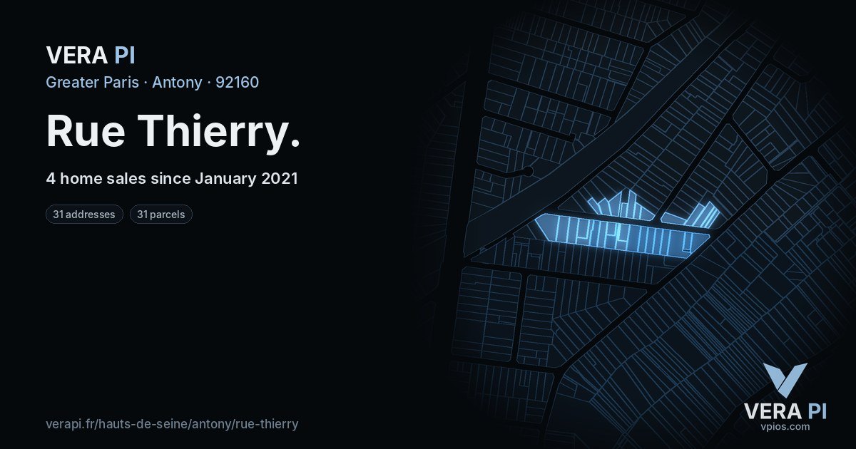 Rue Thierry, Antony at night – every parcel coloured by the prices around it, the street's own parcels lit