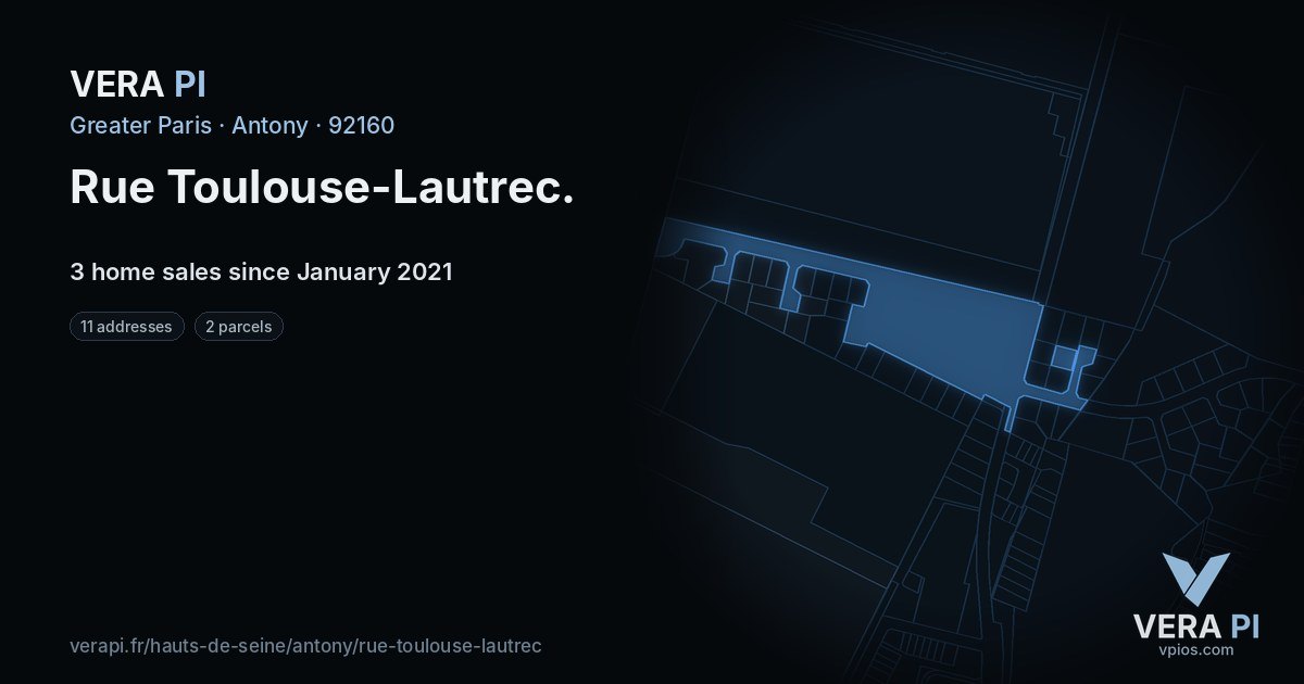 Rue Toulouse-Lautrec, Antony at night – every parcel coloured by the prices around it, the street's own parcels lit