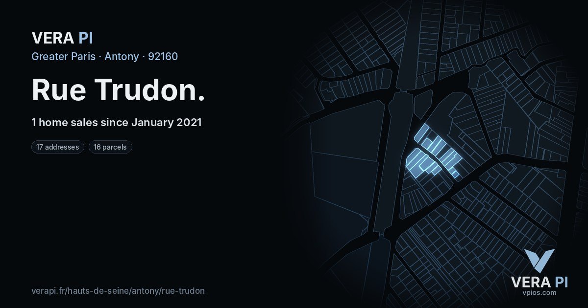 Rue Trudon, Antony at night – every parcel coloured by the prices around it, the street's own parcels lit
