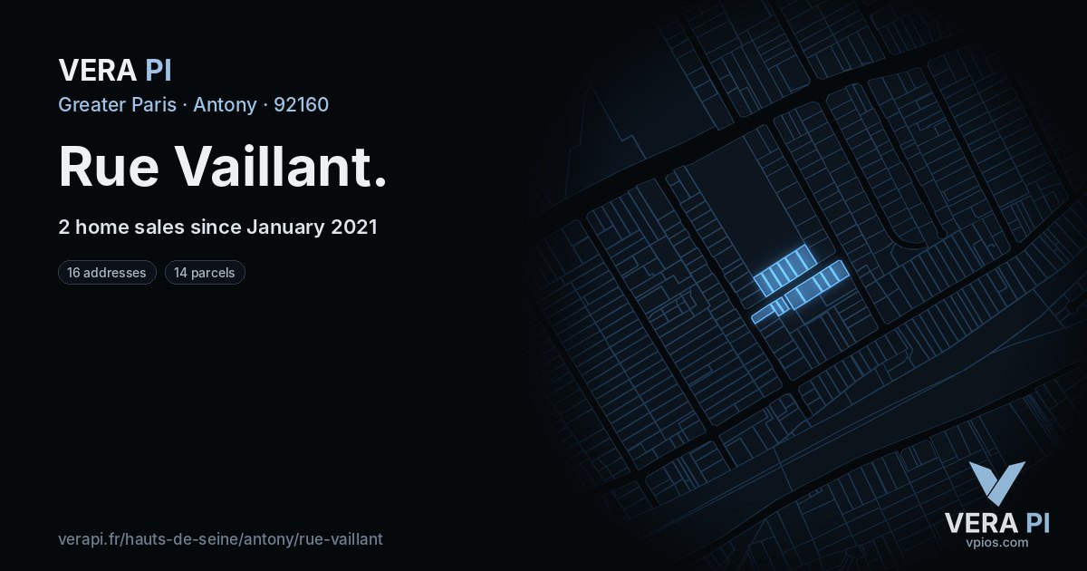 Rue Vaillant, Antony at night – every parcel coloured by the prices around it, the street's own parcels lit