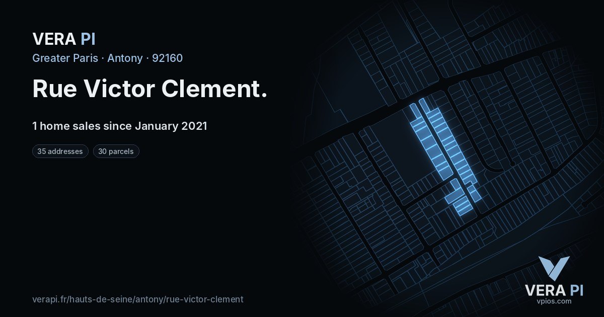 Rue Victor Clement, Antony at night – every parcel coloured by the prices around it, the street's own parcels lit