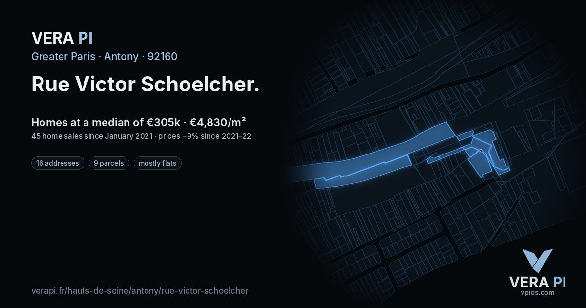 Rue Victor Schoelcher, Antony at night – every parcel coloured by the prices around it, the street's own parcels lit