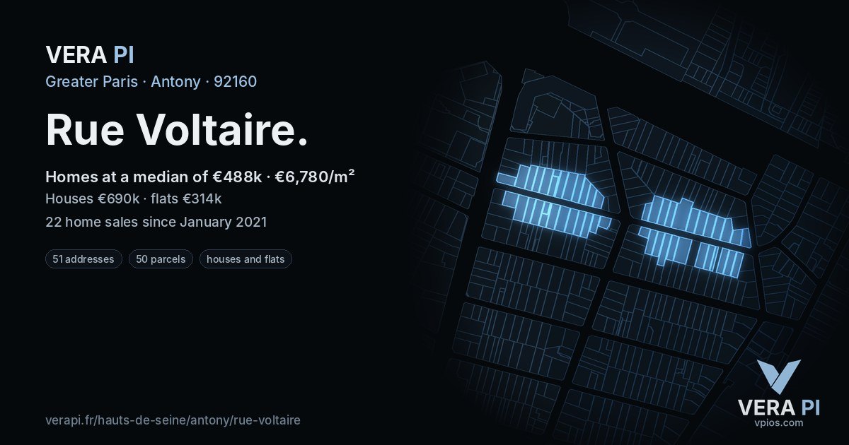 Rue Voltaire, Antony at night – every parcel coloured by the prices around it, the street's own parcels lit
