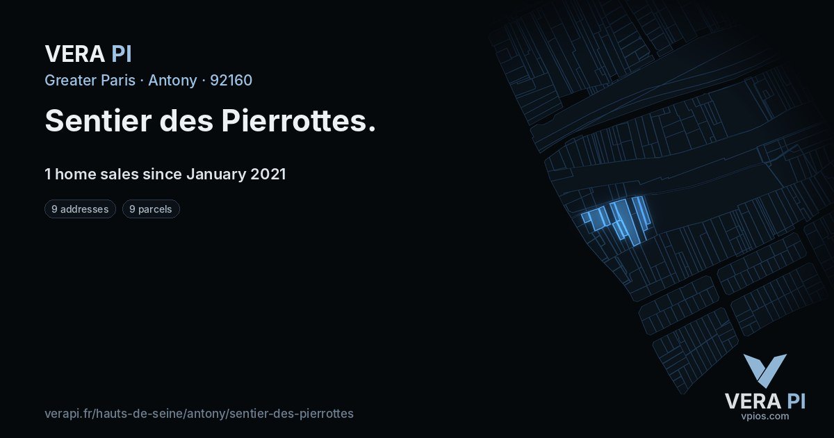 Sentier des Pierrottes, Antony at night – every parcel coloured by the prices around it, the street's own parcels lit