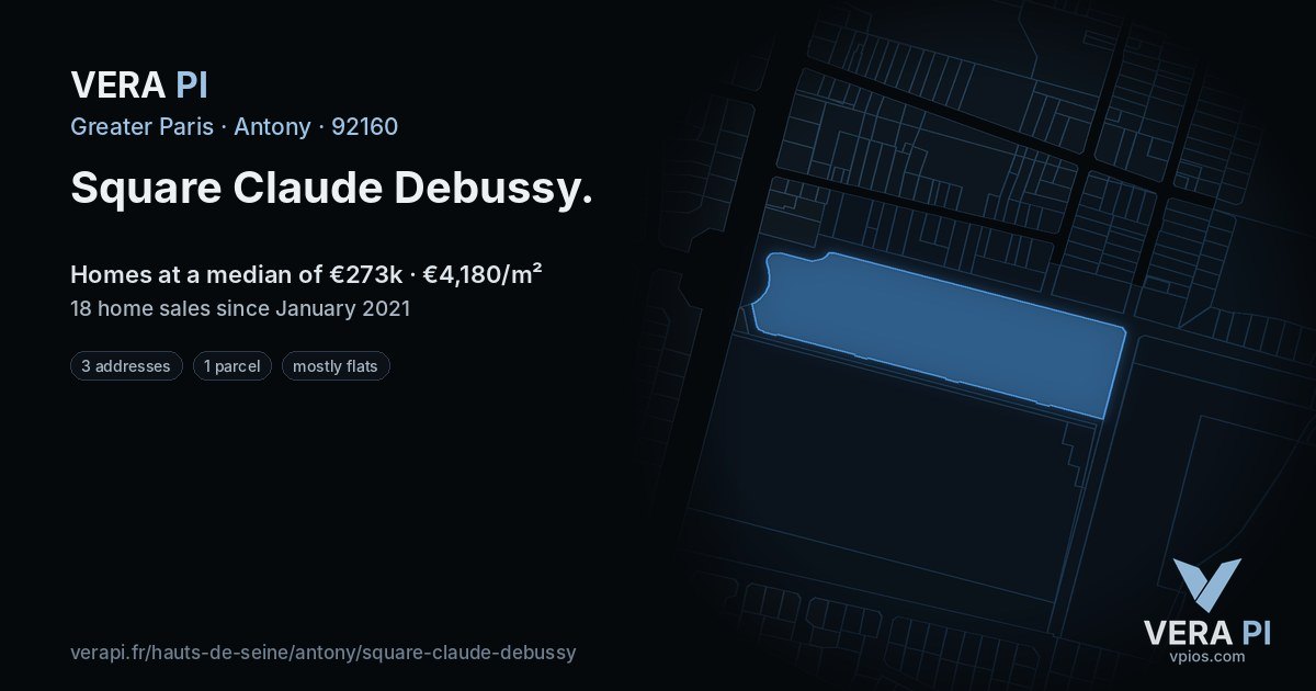 Square Claude Debussy, Antony at night – every parcel coloured by the prices around it, the street's own parcels lit