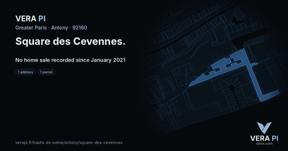 Square des Cevennes, Antony at night – every parcel coloured by the prices around it, the street's own parcels lit