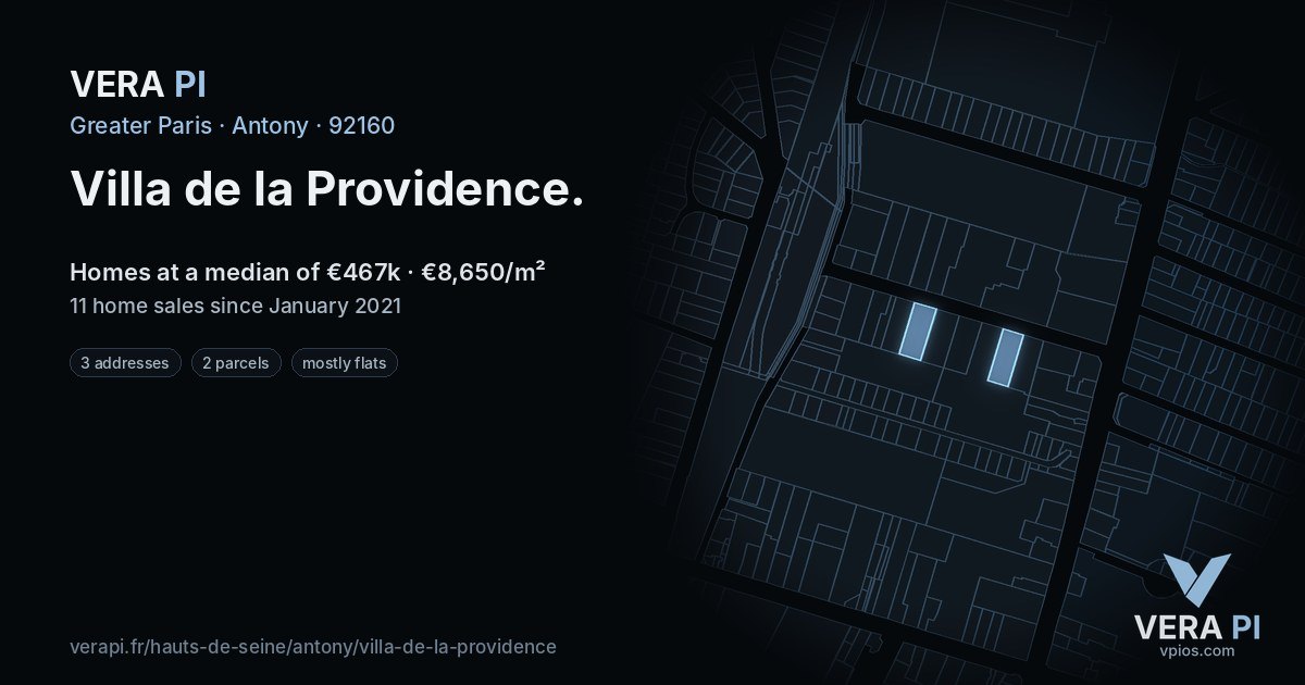 Villa de la Providence, Antony at night – every parcel coloured by the prices around it, the street's own parcels lit