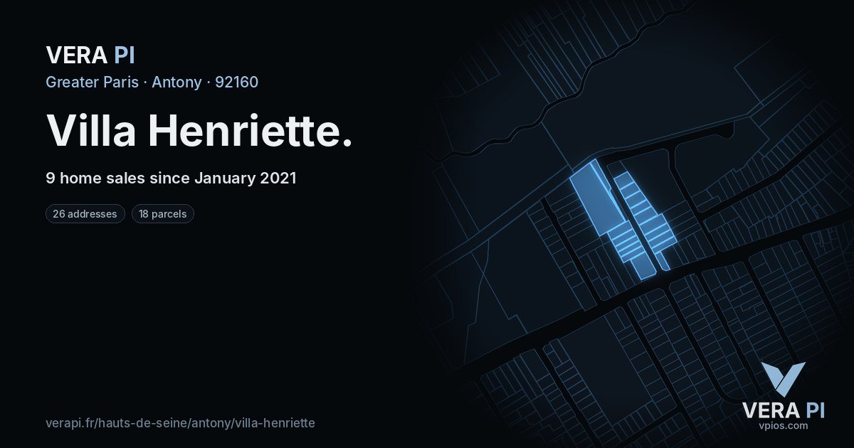 Villa Henriette, Antony at night – every parcel coloured by the prices around it, the street's own parcels lit
